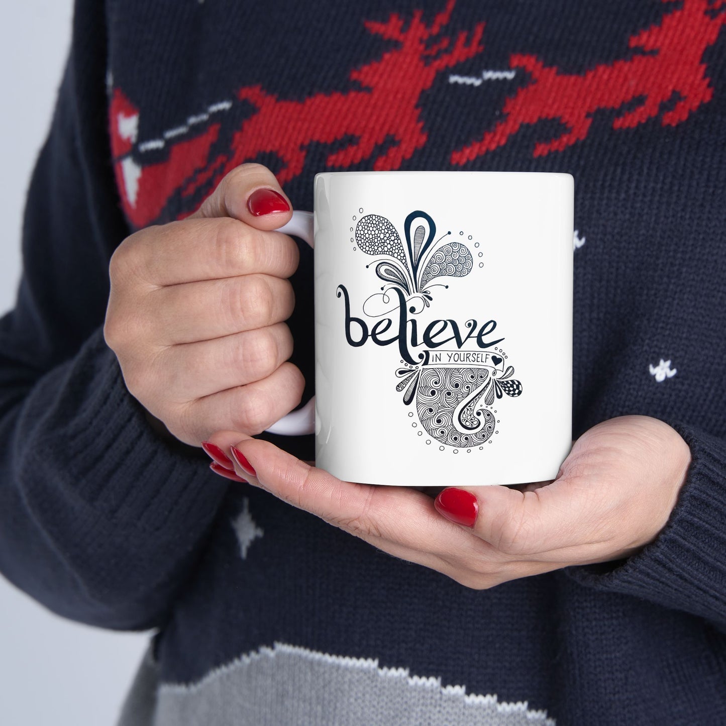 Believe in Yourself Ceramic Mug — Hand-Drawn Black & White Zentangle Design (11oz, 15oz)