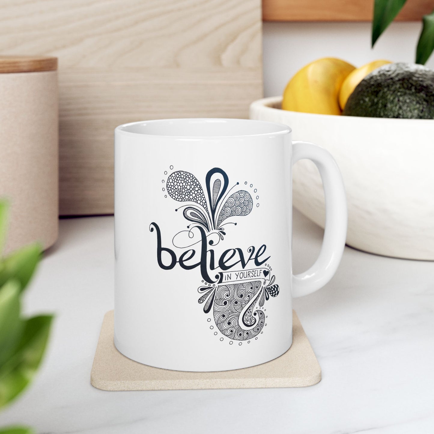 Believe in Yourself Ceramic Mug — Hand-Drawn Black & White Zentangle Design (11oz, 15oz)