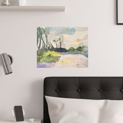 Satin Art Poster – Serene Watercolor Sunset Landscape (210gsm)