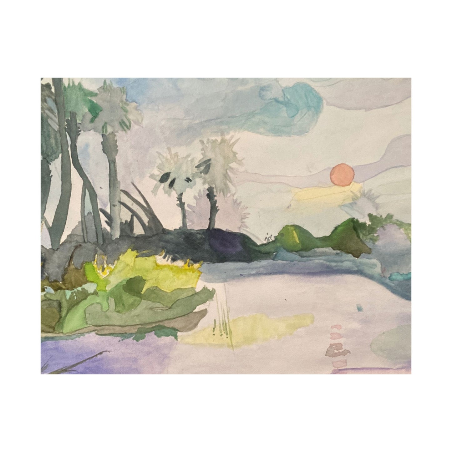 Satin Art Poster – Serene Watercolor Sunset Landscape (210gsm)