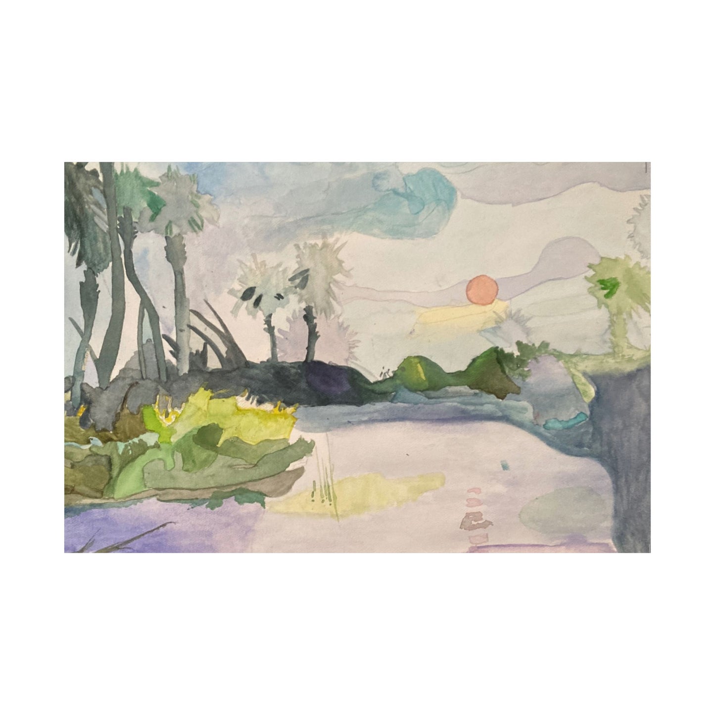 Satin Art Poster – Serene Watercolor Sunset Landscape (210gsm)