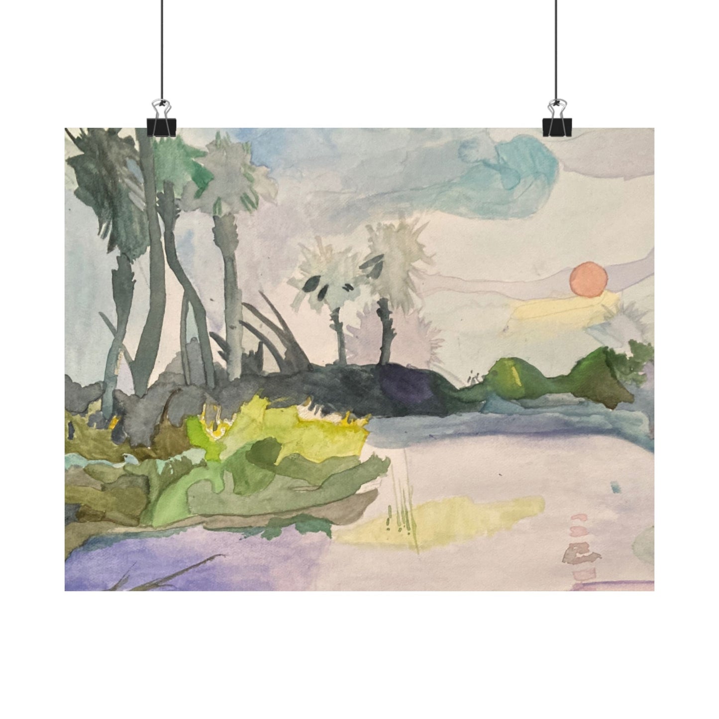 Satin Art Poster – Serene Watercolor Sunset Landscape (210gsm)