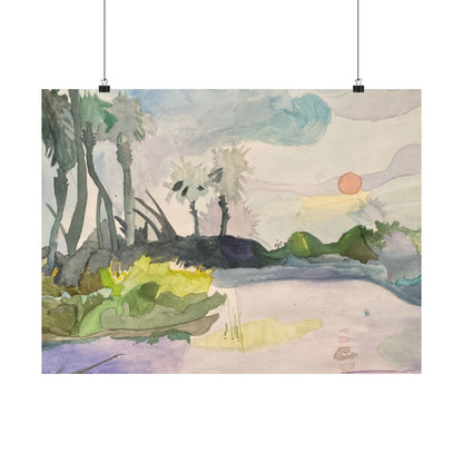 Satin Art Poster – Serene Watercolor Sunset Landscape (210gsm)