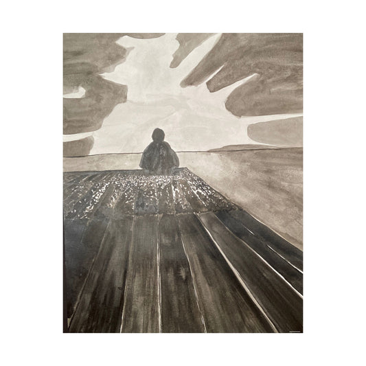 Matte Poster — Teen Sitting on Dock Black & White Ink & Watercolor Art